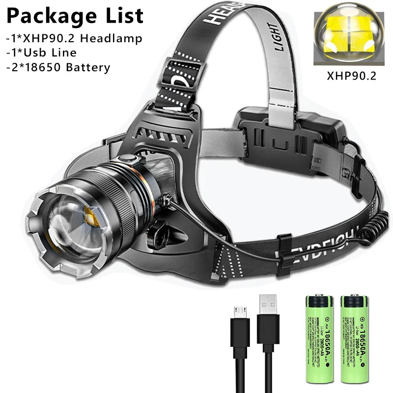 XHP90.2 Super Powerful Headlamp Rechargeable Head Flashlight High Power Head Lamp 1000Meters Headlight 2*18650 Fishing Lantern