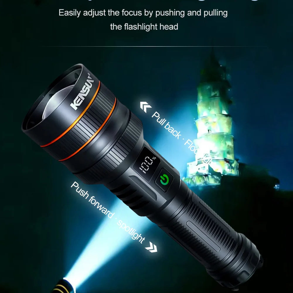 Bright Spotlight Long Range LED Flashlight Type-C Charging Strong Light Lamp Tactical Torch Waterproof Zoom Outdoor Lantern