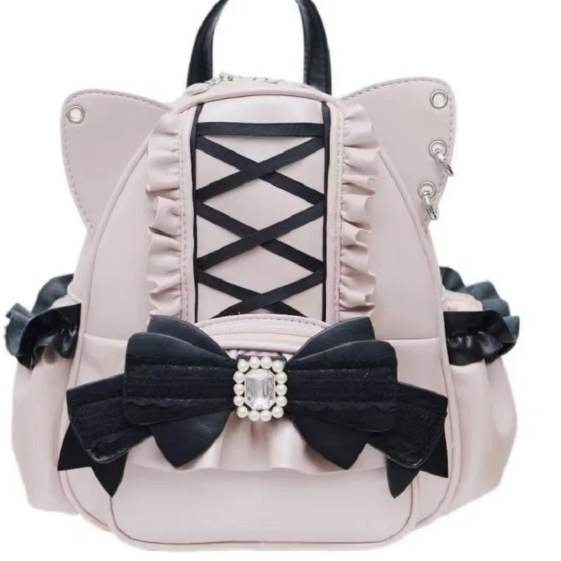 Women Backpack Korean Fashion Y2k Punk Backpack Lace Bow Cat Ear Lotus Lace Decoration Lolita Backbag PU Leather Large Capacity