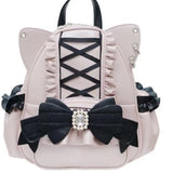 Women Backpack Korean Fashion Y2k Punk Backpack Lace Bow Cat Ear Lotus Lace Decoration Lolita Backbag PU Leather Large Capacity