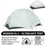 2 - Person Ultralight Backpacking Tent: Mongar UL 2 with 20D Waterproof Fabric,Ideal for Hiking,Survival,and Camping Adventures
