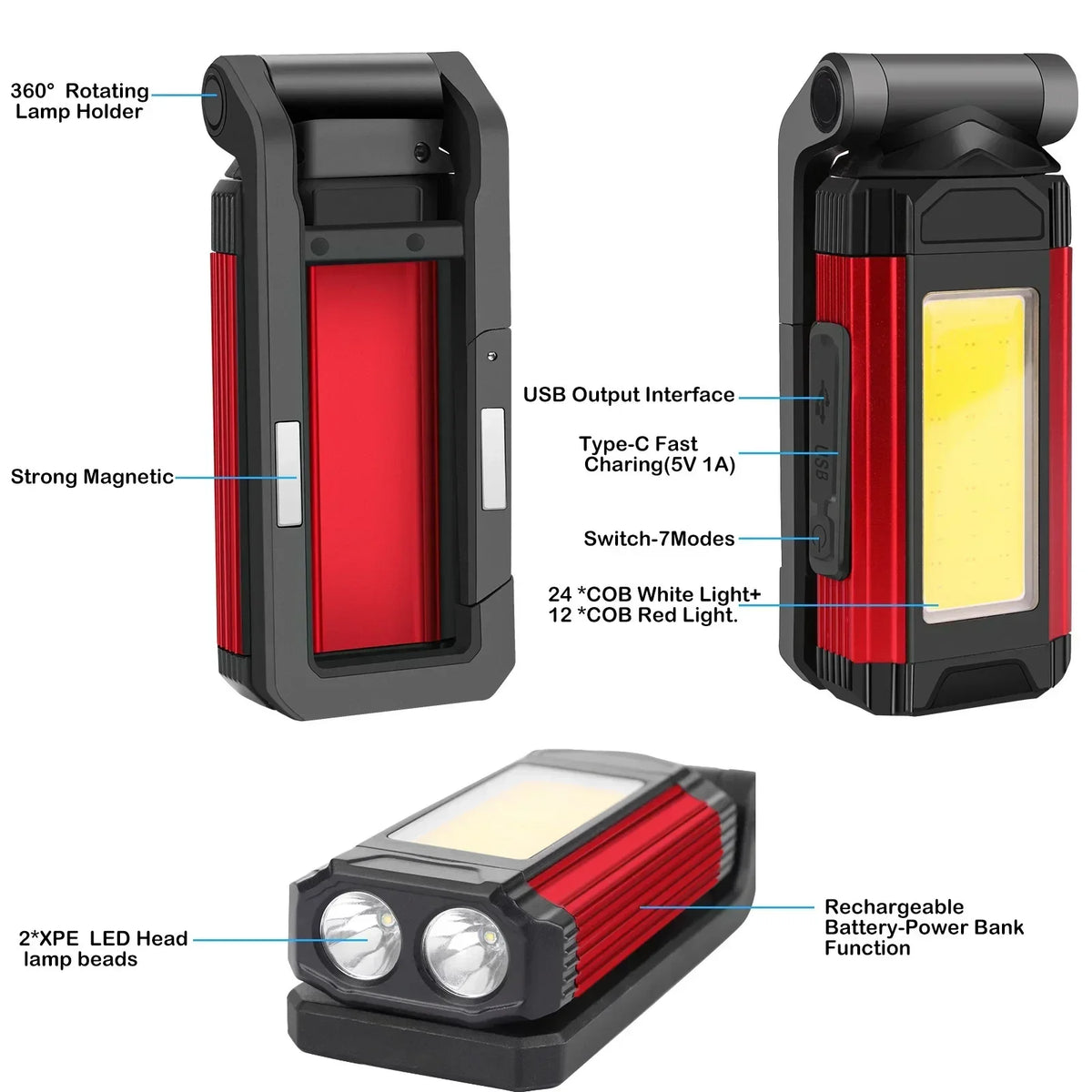 1/2/4PCS Magnetic COB Work Light USB Rechargeable LED Flashlight Portable Lantern Camping Light Type-C Power Bank Function Lamp