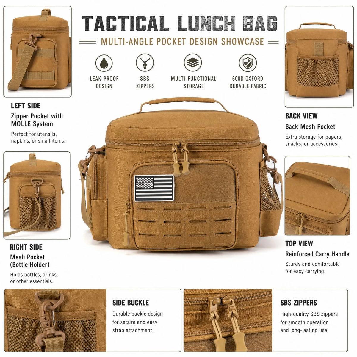 13L Tactical Thermal Cooler Lunch Bag Leakproof Insulated Durable Meal Storage Bag For Men Office Work Daily Commute Camping Picnic Fishing Outdoor Portable Insulated Food Carrier Bag