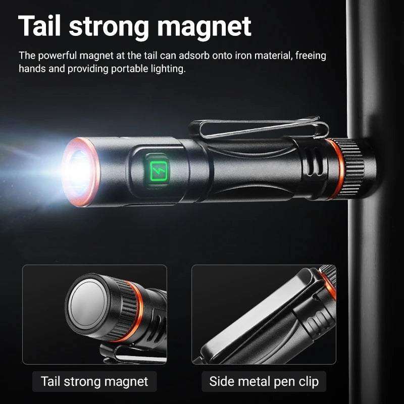 EDC Mini High Bright Pen Flashlight USB Rechargeable Magnet Small Pocket Torch Outdoor Camping Hiking Emergency Lighting Light