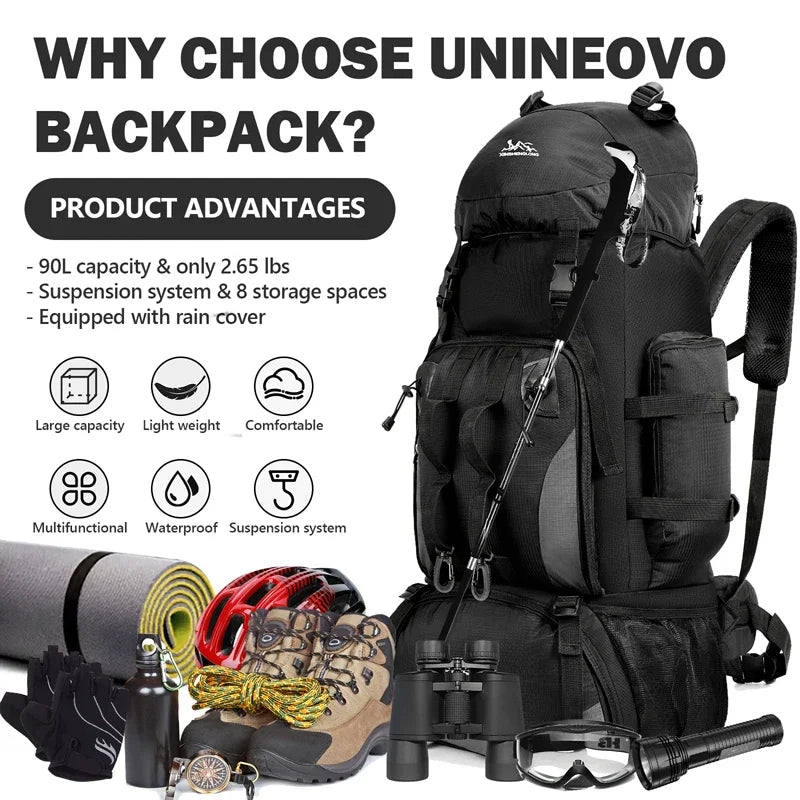90 liters waterproof hiking camping mountaineering backpack, large capacity outdoor travel bag, backpacking sports equipment