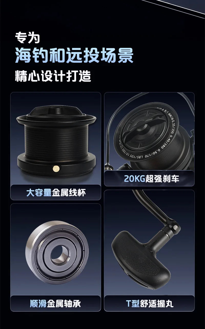 Full Metal Anti-Corrosion Fishing Spinning Reel 17+1 BB, 4.8:1 High Speed Gear Ratio, Aluminum Alloy Spool, Size 8000-14000