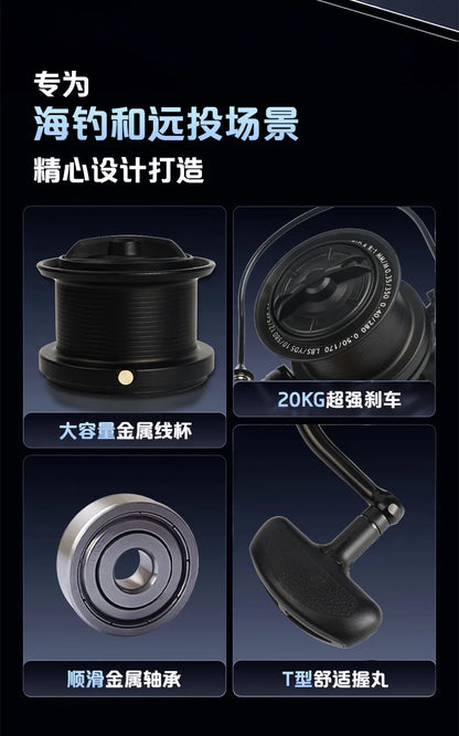 Full Metal Anti-Corrosion Fishing Spinning Reel 17+1 BB, 4.8:1 High Speed Gear Ratio, Aluminum Alloy Spool, Size 8000-14000