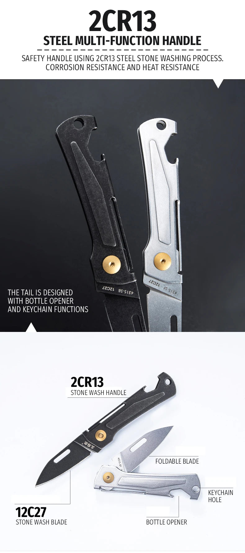 SANRENMU 431S Folding Pocket Knife 12C27 Blade Portable EDC Outdoor Camping Bottle Opener Keychain Hole Knife