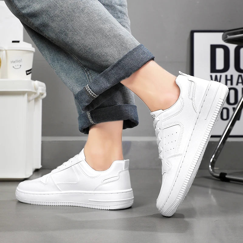 Men’s Thick-Soled Leather Sneakers – Trendy Street Casual Shoes with Fashion Board Style (Black & White)