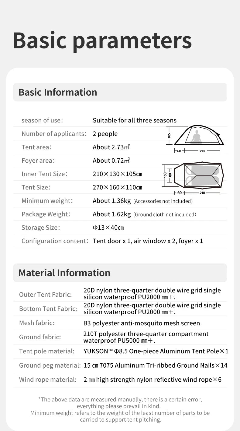 Naturehike Cloud Up 2 Pro Two Person Hiking Tent Lightweight Outdoor Camping Professional Camping Equipment