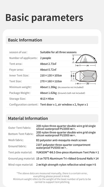 Naturehike Cloud Up 2 Pro Two Person Hiking Tent Lightweight Outdoor Camping Professional Camping Equipment