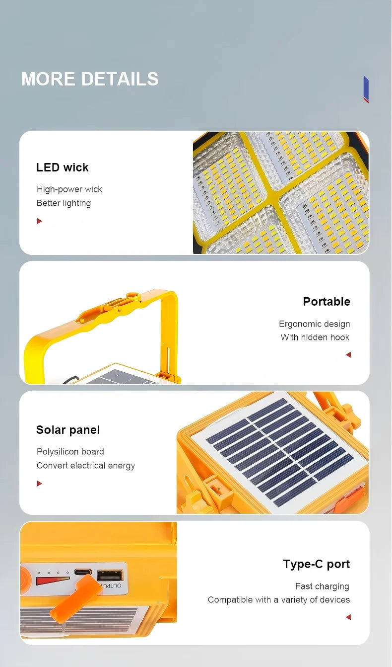 Portable Solar Flood Light LED Lantern Rechargeable Camping Lamp USB Charging Power Bank IP66 Waterproof Outdoor Tent Light