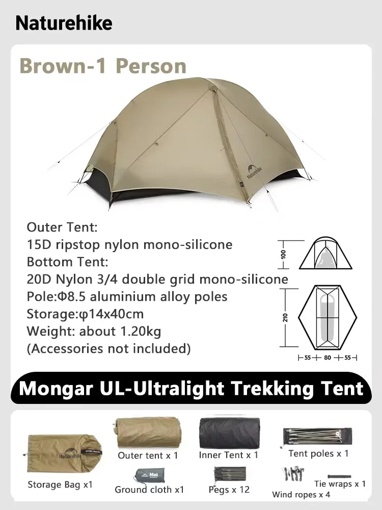 Naturehike Mongar UL Tent 1 2 Person Camping Outdoor Ultralight Tent Travel Backpacking 15D Waterproof Shelter Tent Hiking