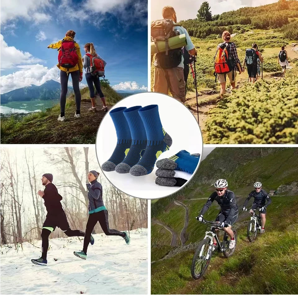 3 Pairs Men's Athetic Socks Sports Breathable Outdoor Running Compression Socks Traning Long Black White  BLUE Stretch Socks