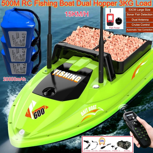 Sonar Bait Boat with Color Fish Finder Screen & Dual Hopper