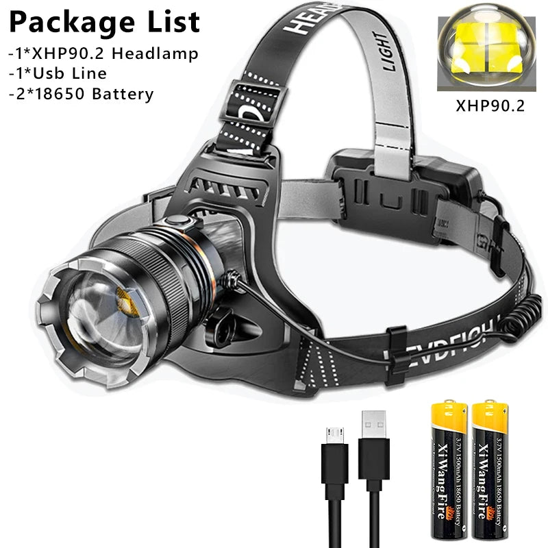 XHP90.2 Super Powerful Headlamp Rechargeable Head Flashlight High Power Head Lamp 1000Meters Headlight 2*18650 Fishing Lantern