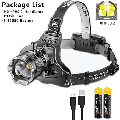 XHP90.2 Super Powerful Headlamp Rechargeable Head Flashlight High Power Head Lamp 1000Meters Headlight 2*18650 Fishing Lantern