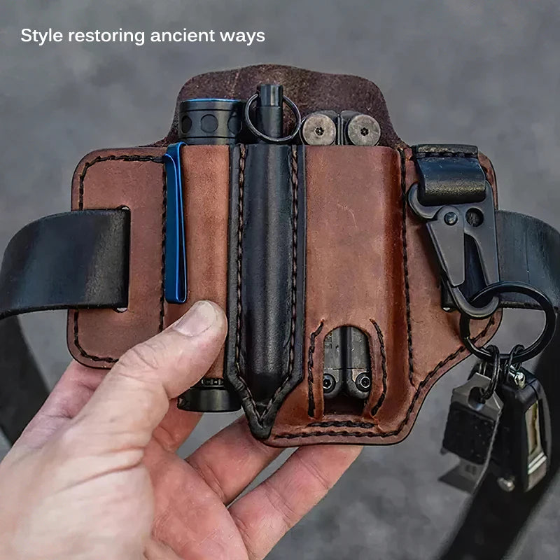 Outdoor Hunting Multi Tool Leather Bag, Portable Tool Storage Bag Leather Cover, Outdoor Camping Waist Leather Bag