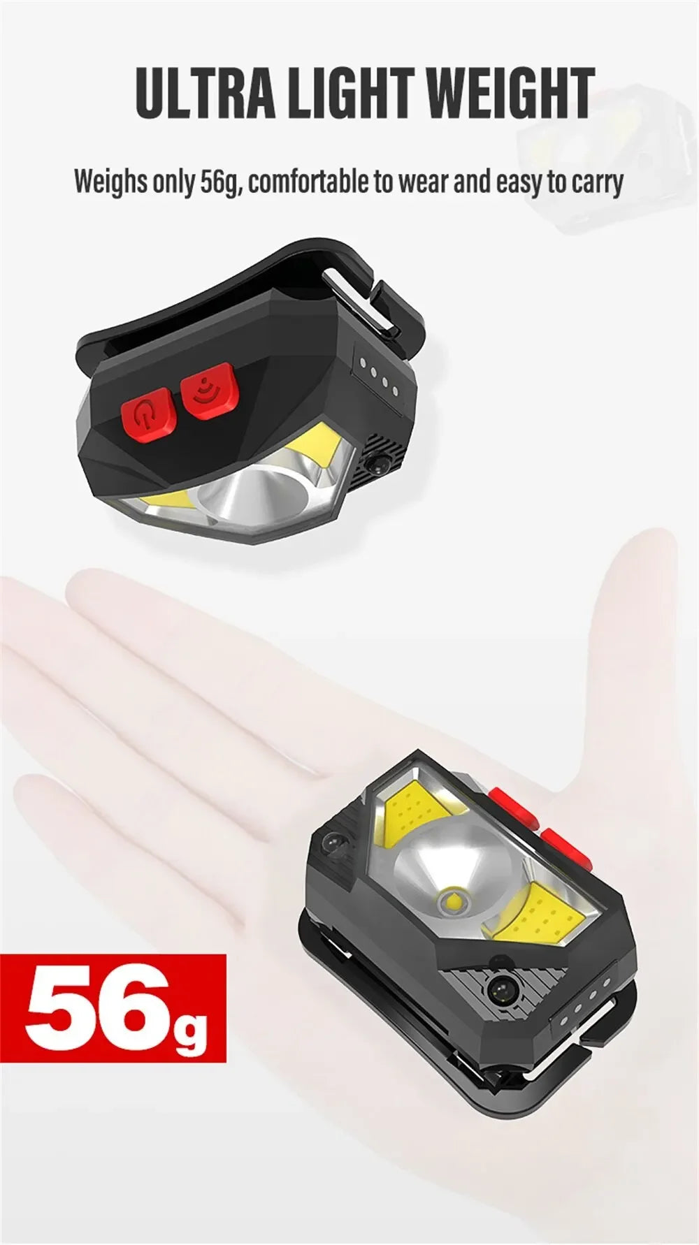 Rechargeable LED Headlamp Sensor Headlight With COB and LED Beads 8 Lighting Modes White and Red Light Fishing Light