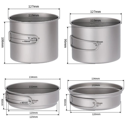 Tiartisan Titanium Folding Handle Camping Pot Frying Pan Set  Lightweight Portable Cookware Equipment For Outdoor Hiking Picnic
