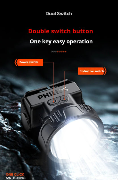 Philips LED Headlamp Sensor Head Flashlight of Lighting Type-C Rechargeable Headlight Outdoor Camping Fishing Lantern