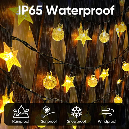 Solar LED String Lights Outdoor Camping Decor Crystal Ball and Stars String Lights 8 Modes Solar Lamp for Halloween Christmas