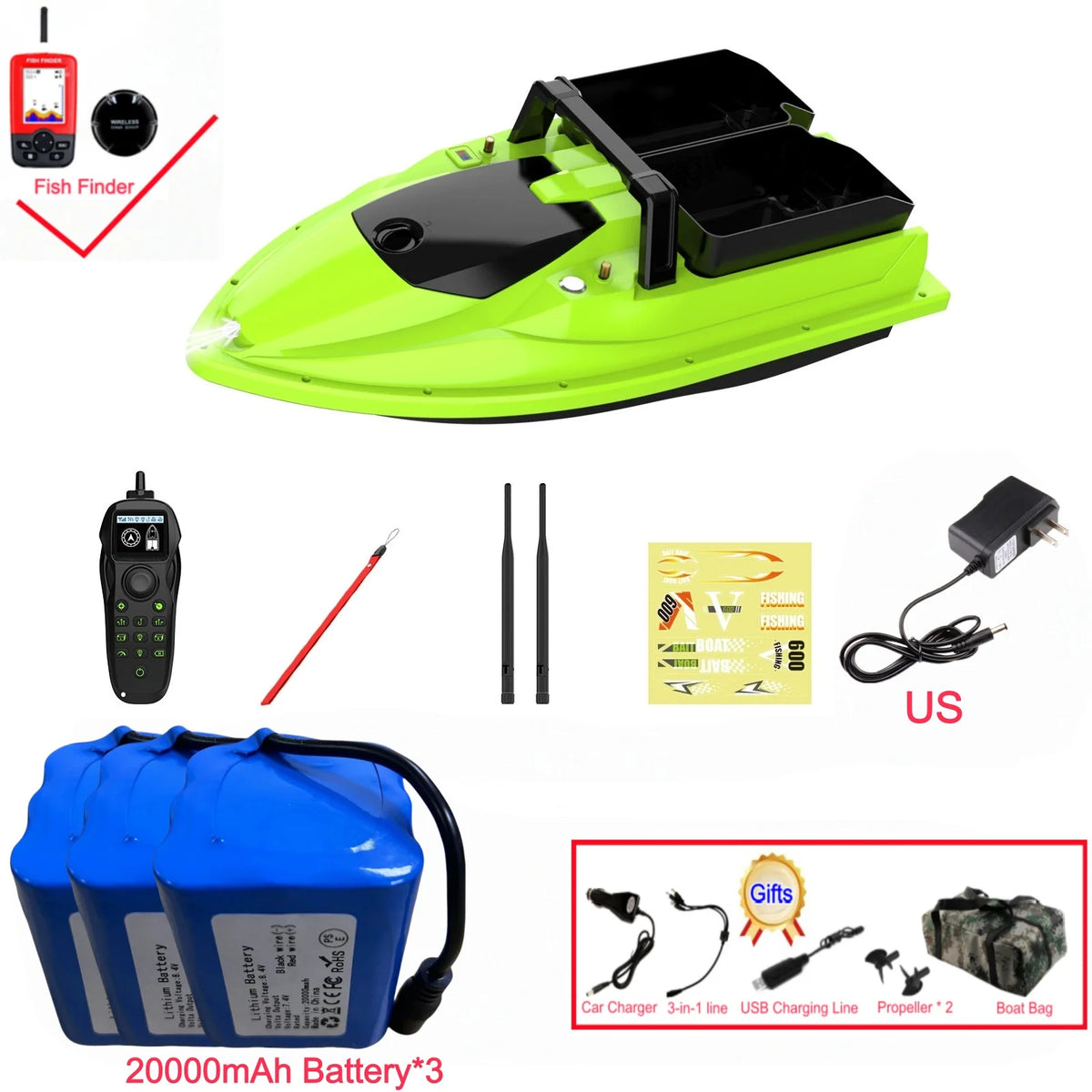Sonar Bait Boat with Color Fish Finder Screen & Dual Hopper