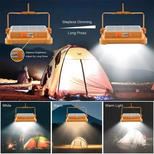 Portable Solar Flood Light LED Lantern Rechargeable Camping Lamp USB Charging Power Bank IP66 Waterproof Outdoor Tent Light