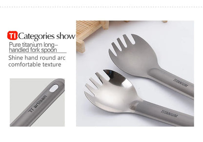 Tiartisan Pure Titanium Cutlery Ultralight Long Handle Spoon Spork Outdoor Camping Portable 2pcs Tableware Set With Storage Bag