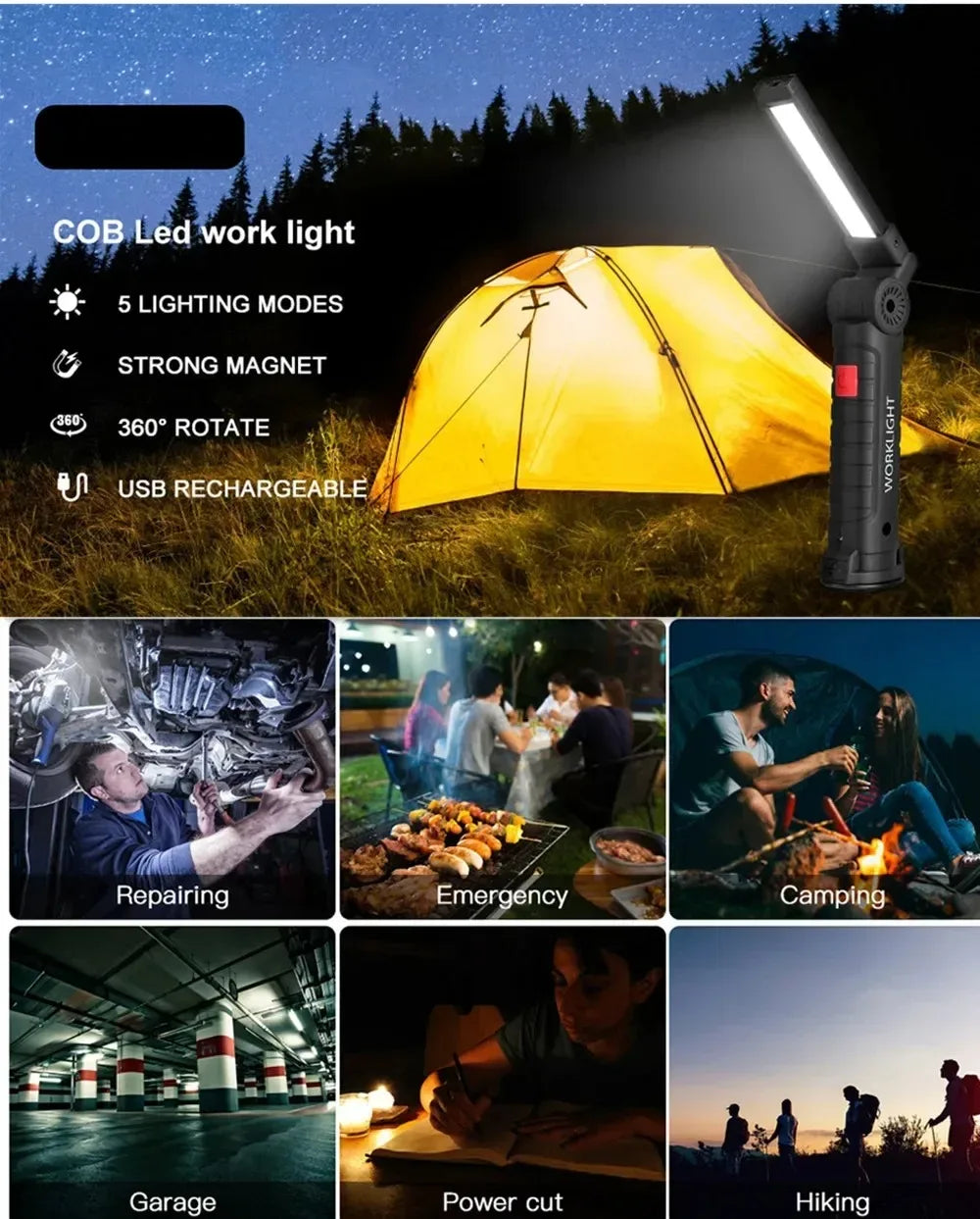 COB LED Folding Flashlight Portable Magnetic Work Light Lantern USB Rechargeable Emergency Repair Camping Torch Lamp With Hook