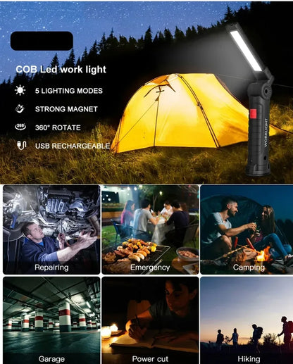 COB LED Folding Flashlight Portable Magnetic Work Light Lantern USB Rechargeable Emergency Repair Camping Torch Lamp With Hook