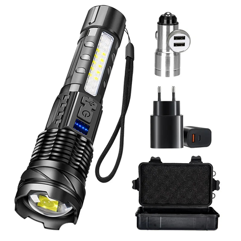 LED Flashlight Rechargeable Torch High Power Strong Light Flashlight Long Range Tactical Zoom Lamp Outdoor Camping Lantern