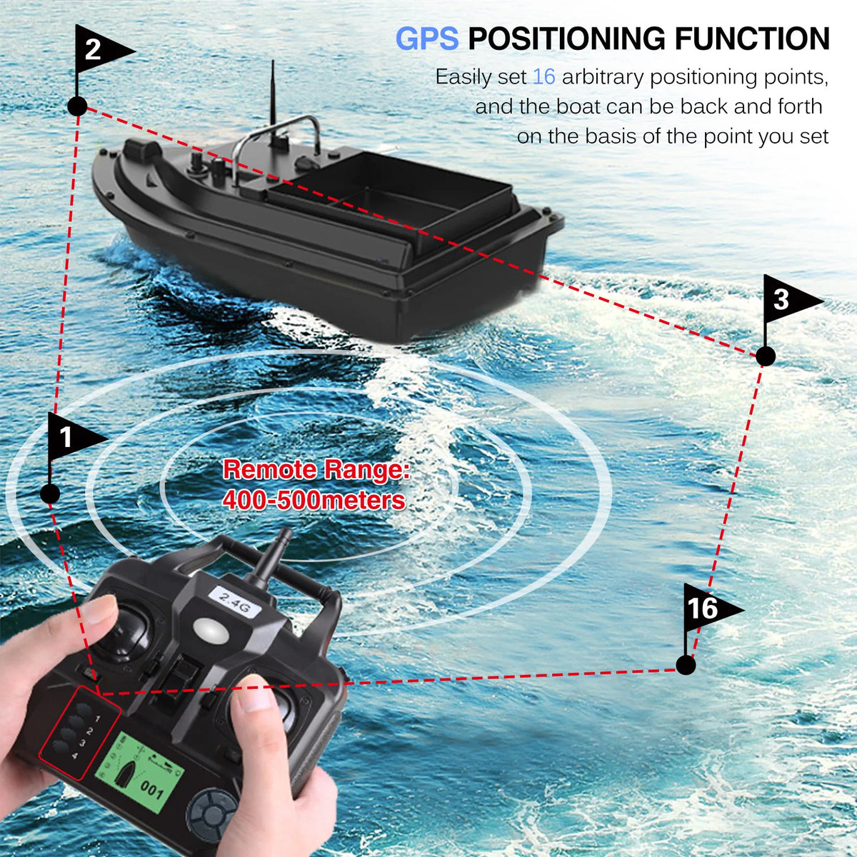 D16E GPS Bait Boat with Large Bait Hopper & Auto-Return