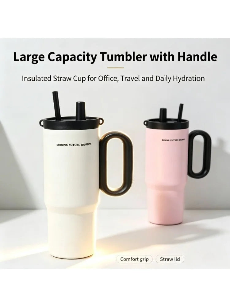 720ML Stainless Steel Thermos Cup with Straw & Handle Ice Coffee Drink Vacuum Insulated Cup Car Travel Outdoor Water Bottle