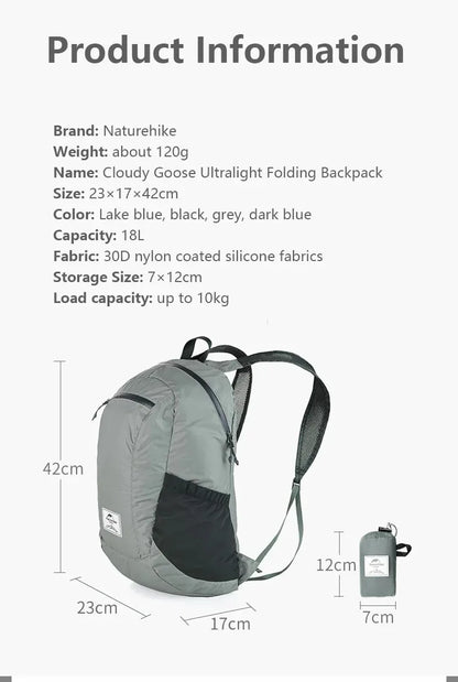 Naturehike Ultra Lightweight 18L Camping Backpack Portable Waterproof Nylon Bags Man Outdoor Hiking Sports Travel Backpack