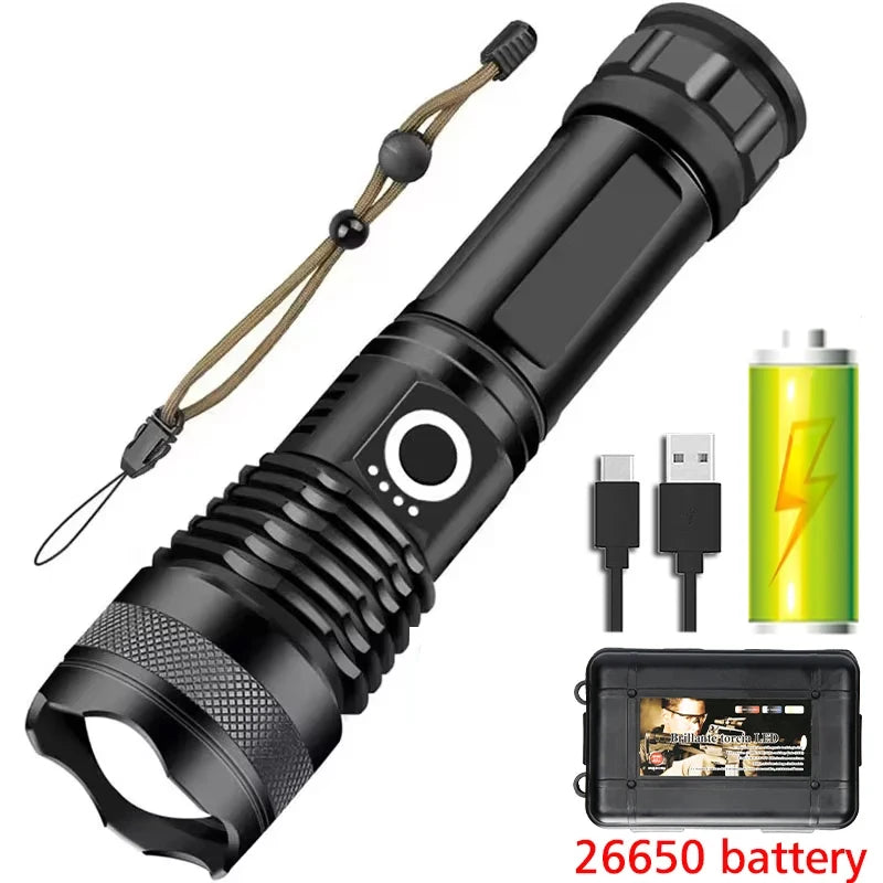 Rechargeable Led High Power Tactical Flashlight Aluminum Alloy Telescopic ZoomTorch Lamp for Outdoor Night Camping Fishing