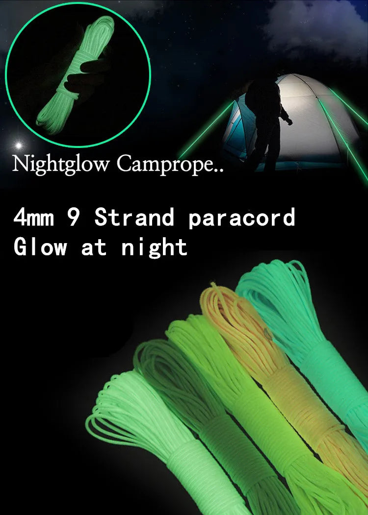Glow in The Dark Luminous Paracord Rope 9 Strands 4mm Nylon 550 Tent Cord Parachute Camping Bundle Lanyard Survival EDC