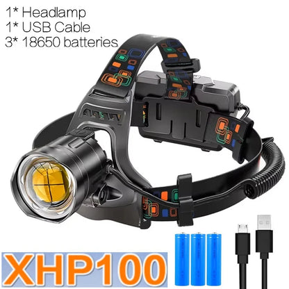 Powerful XHP100 Led Headlamp Zoomable USB Rechargeable High Power Headlight Waterproof Output 18650 Super Bright Head Torch