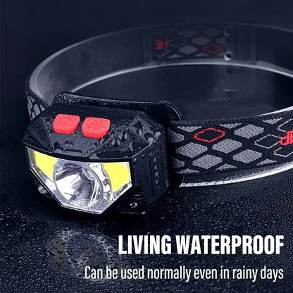 Rechargeable LED Headlamp Sensor Headlight With COB and LED Beads 8 Lighting Modes White and Red Light Fishing Light