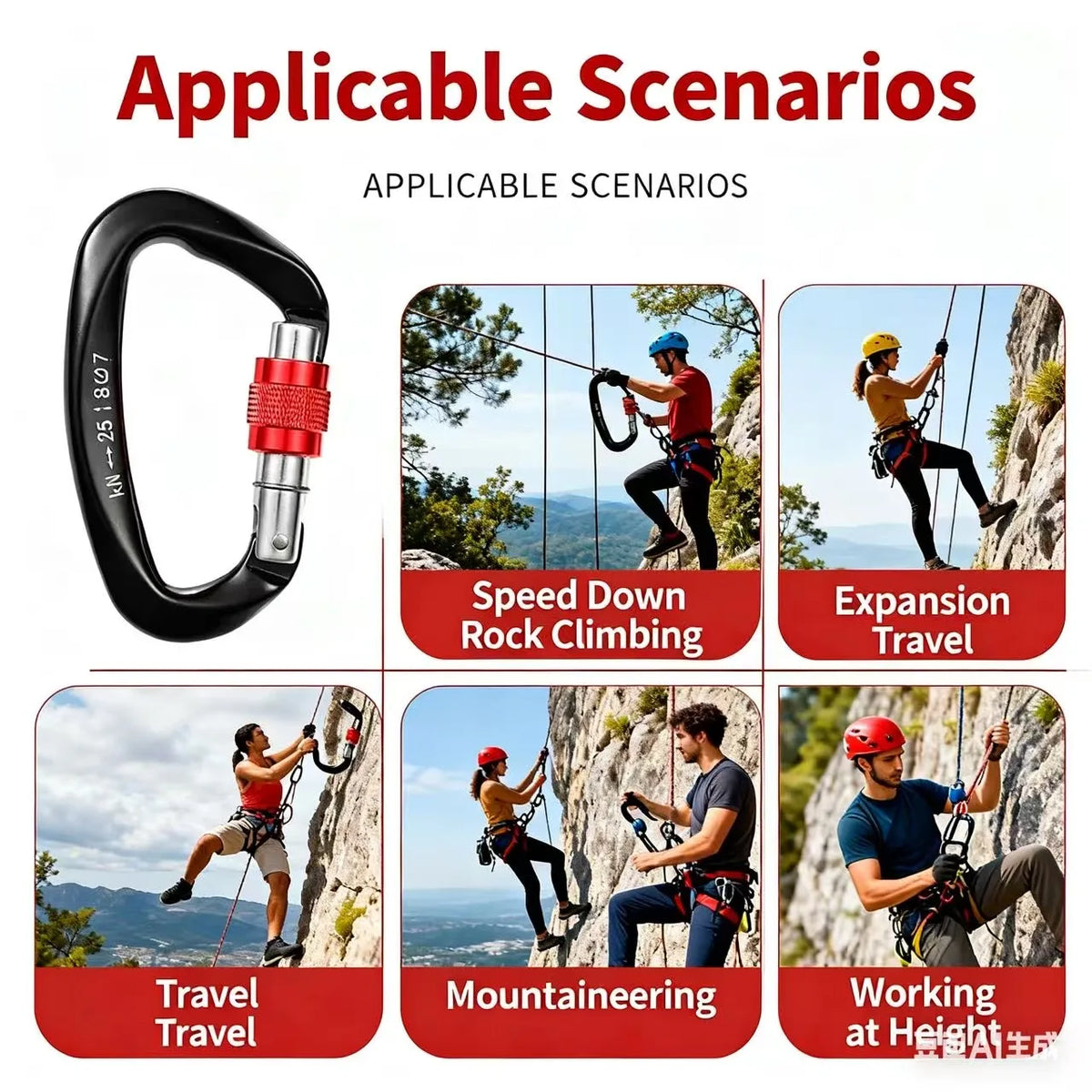 Outdoor Professional Rock Climbing Accessories Aluminum Carabiner 25kN Lock D-Shape Safety Buckle For Keys Tools Equipment
