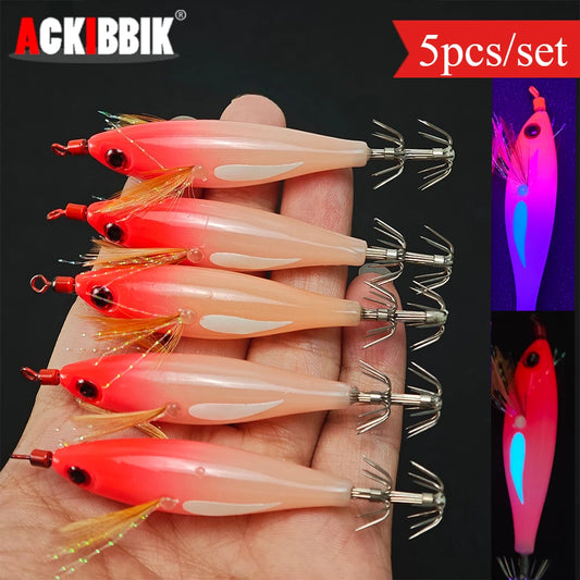 Ackibbik Glow Squid Jig Egi Set (5 Pack)