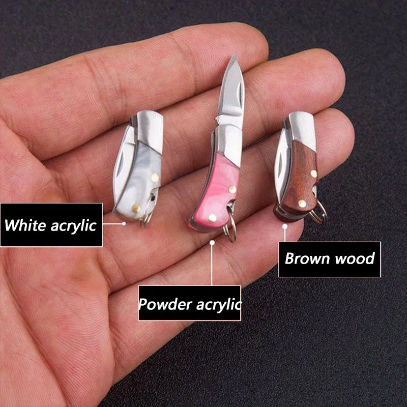 5cm Acrylic Mini Folding Knife Pendant Brass Wood Keychains Sharp Small Blade Portable Hanging Outdoor Camping Unboxing Knife