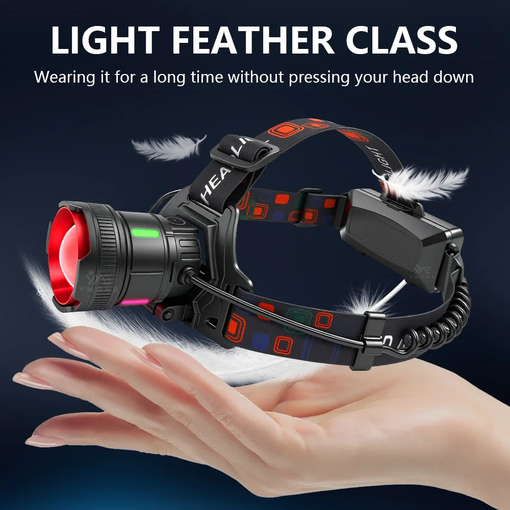 300000LM High Power LED Outdoor Headlamp Portable Rechargeable Waterproof Motion Sensor Telescopic Zoom Work Lamp Camping Hiking