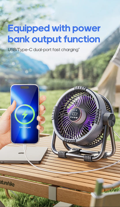 20000mAh Outdoor Camping Fan 6 in 1 Portable Rechargeable Wireless Tent Ceiling Fan with LED Light Camping Air Circulator