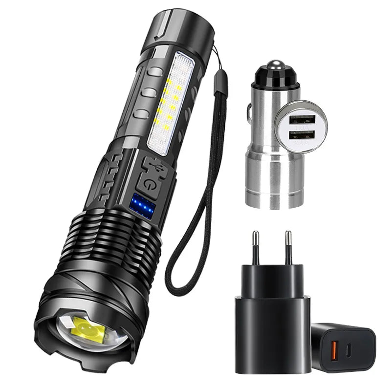LED Flashlight Rechargeable Torch High Power Strong Light Flashlight Long Range Tactical Zoom Lamp Outdoor Camping Lantern