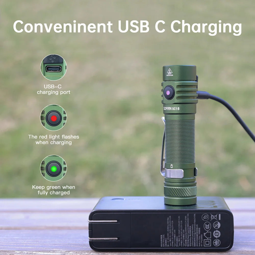 SOFIRN SC18 1800lm SST40 LED 18650 Torch TIR Optics Lens EDC Flashlight USB C Rechargeable Lantern