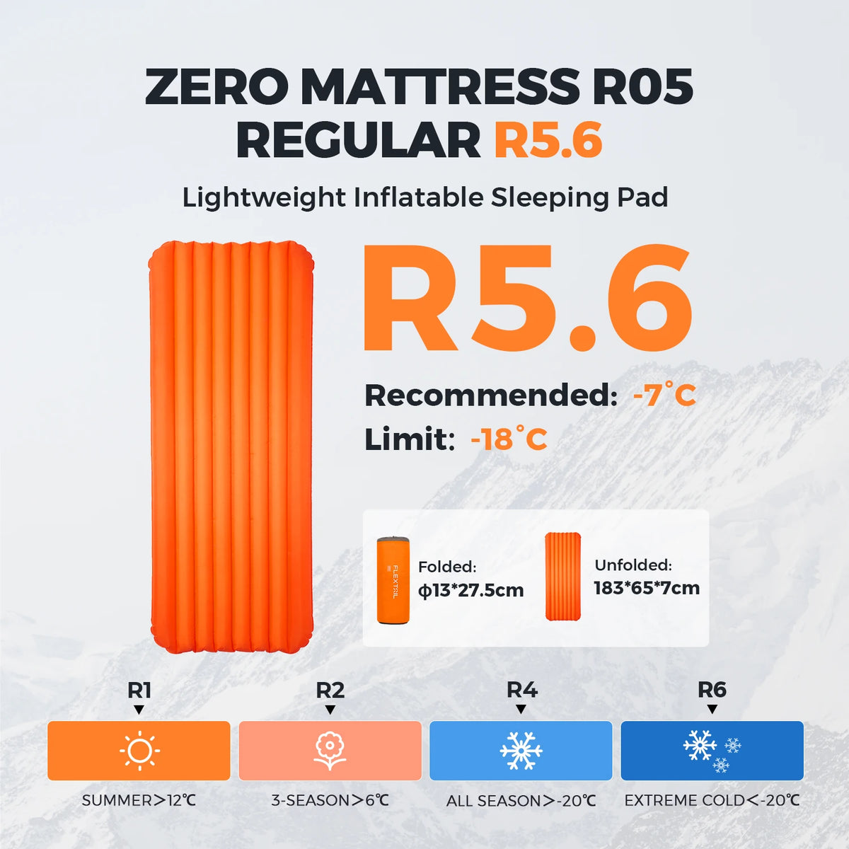 FLEXTAIL ZERO MATTRESS PLUS - 196cm Insulated Sleeping Pad with 5.6/6.0 R-Value, Ultralight Inflatable Camping Mat