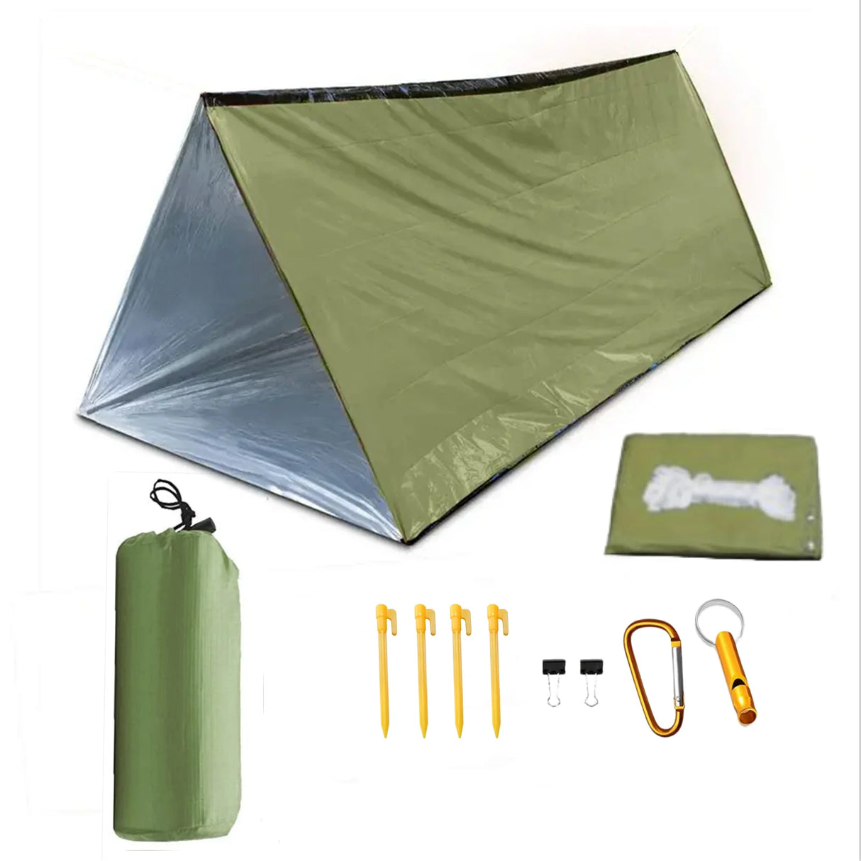 Outdoor emergency tent withground pegs, clips, whistle, carabiner and storage bag set, convenient and portable to store travel