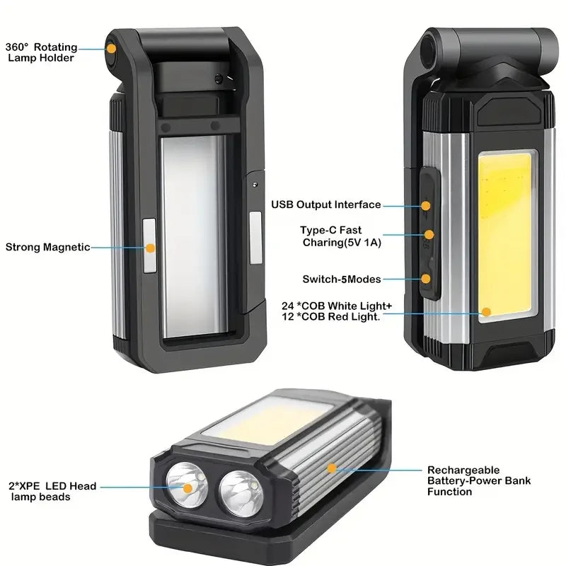 2026 New Magnetic COB Work Light USB Rechargeable LED Flashlight Portable Lantern Camping Light Type-C Power Bank Function Lamps