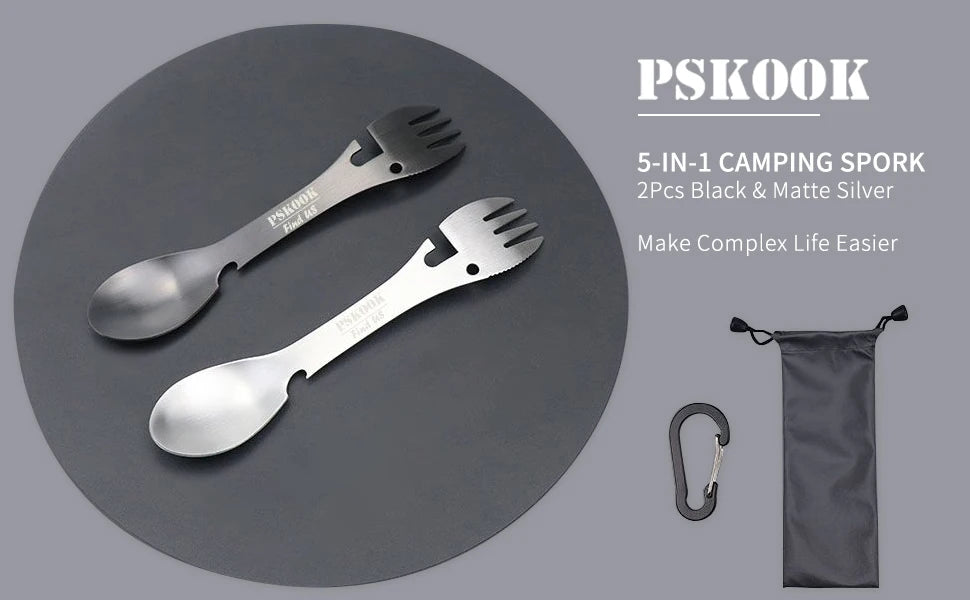 PSKOOK 5-in-1 Utility Tactical Spork, Stainless Steel Spoon & Bottle Opener, Fork & Knife, Can Opener Combo Camping Utensil